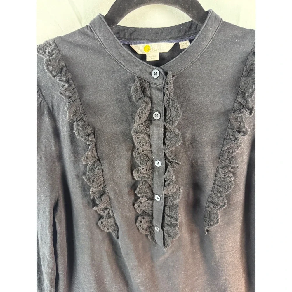 Boden Black Cotton Slub Lace Ruffle Button Front Top US 8 UK 12 Victorian Style